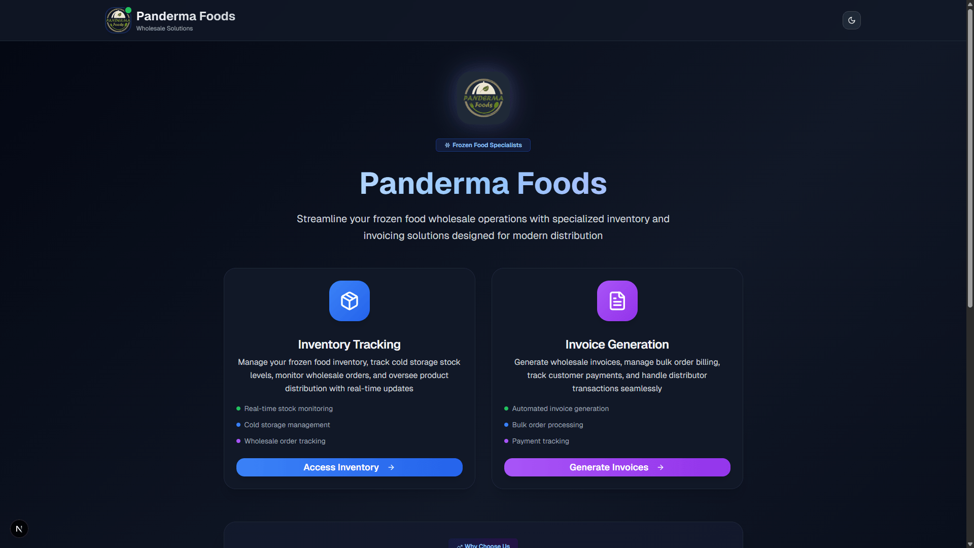 Panderma Foods landing page showing company branding and main features